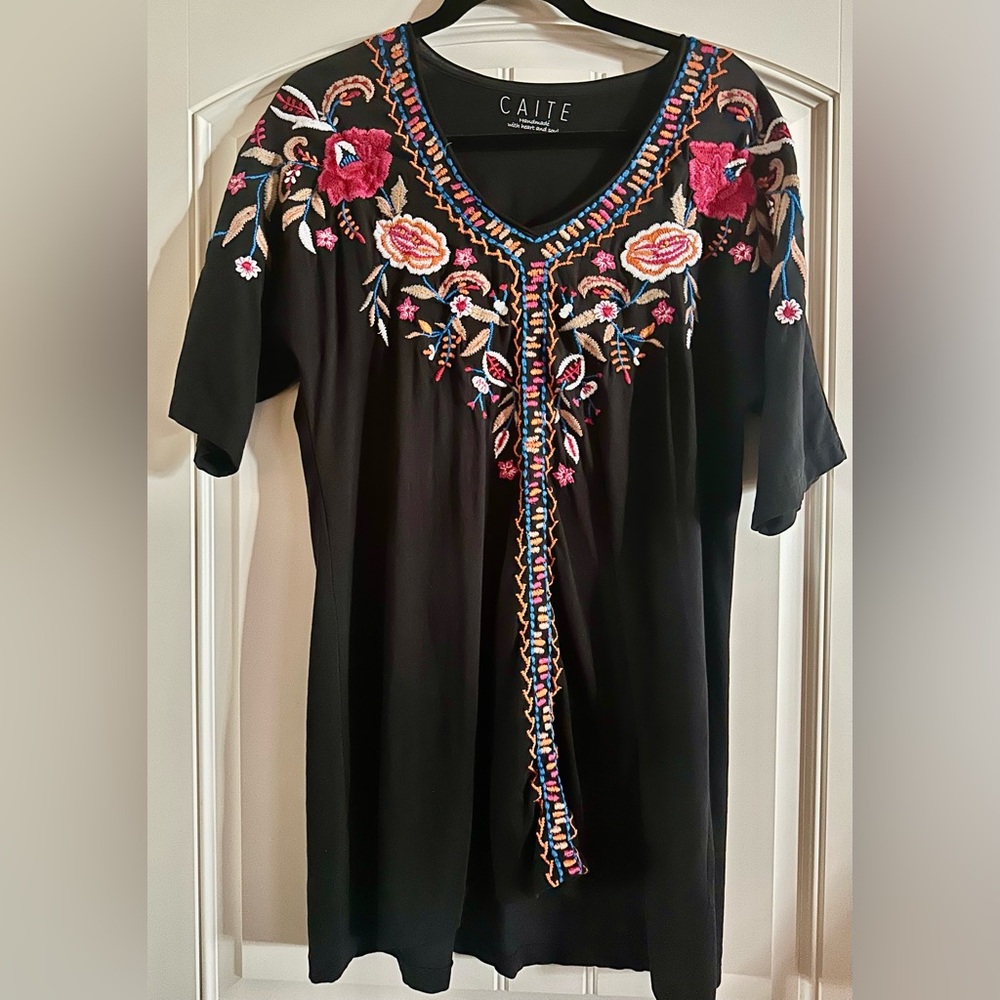 Caite Embroidered Black Tunic with Floral Accents